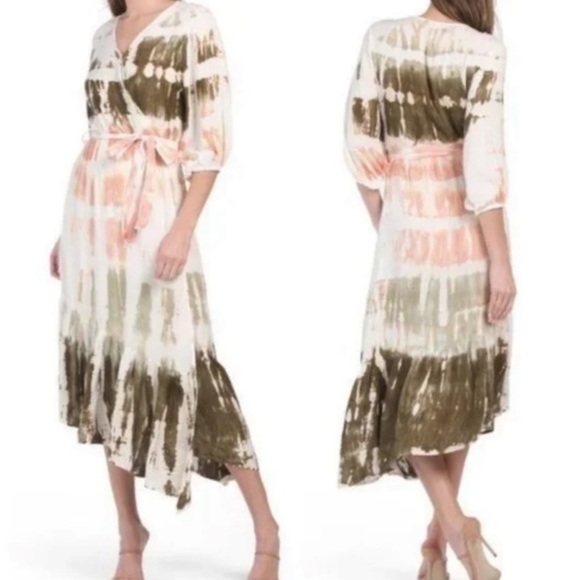 YFB Young Fabulous & Broke Jillian Faux Wrap Dress Geode White Peach Green M - Picture 1 of 12